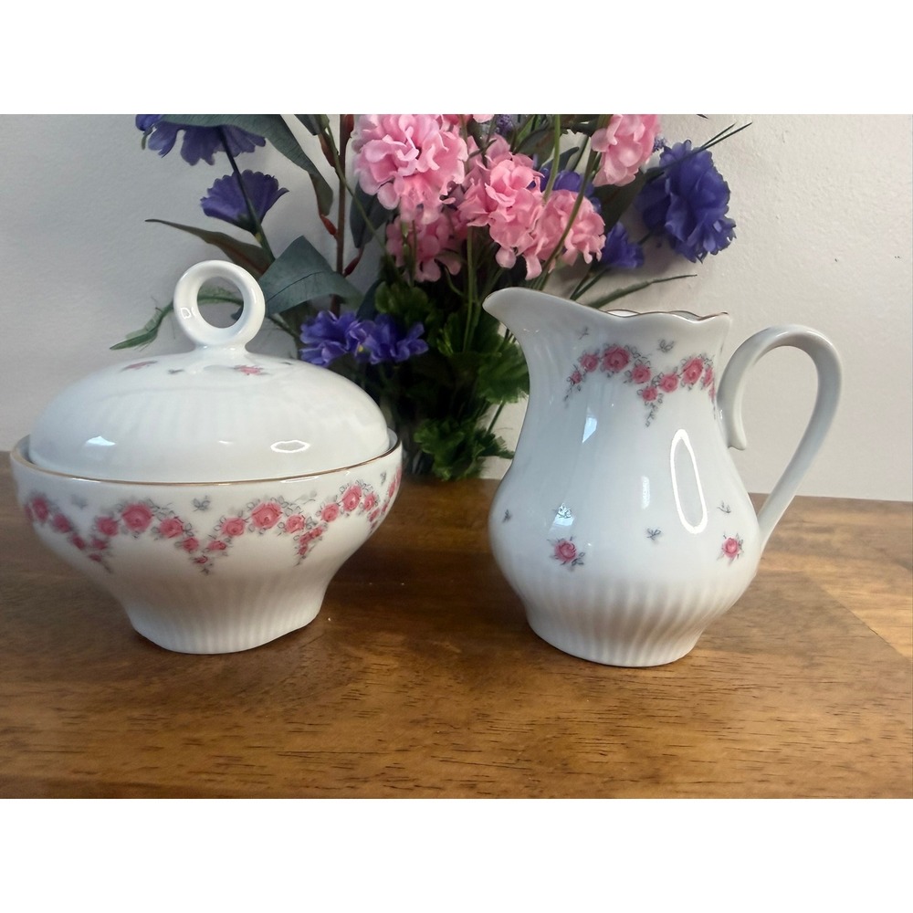JLMENAU East Germany Pink Rose Garland Covered‎ Sugar Bowl Creamer Porcelain GDR
